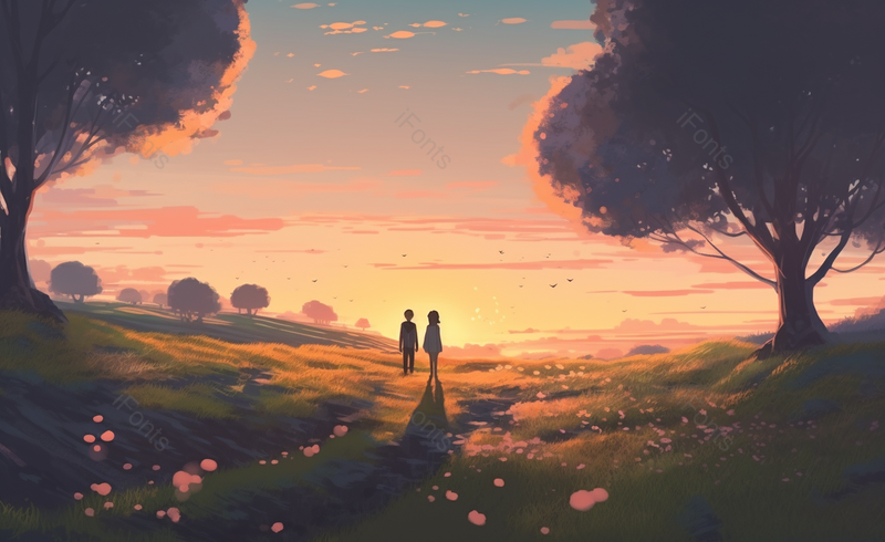 唯美情人节浪漫情侣背影景手绘插画落日余晖漫步草坪图,插画/手绘图,插画/手绘图库,插画/手绘图下载,插画/手绘